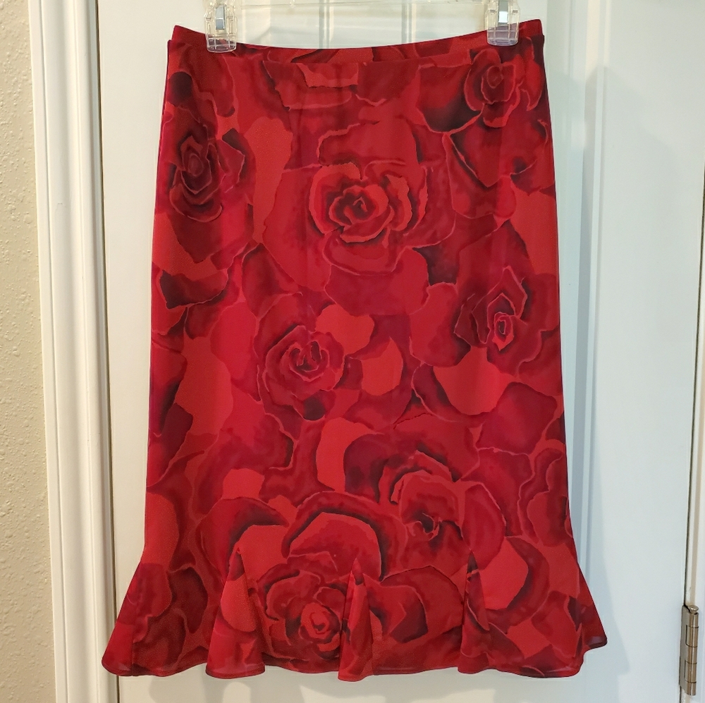 Express Red Rose Fluted Midi Skirt sz Small